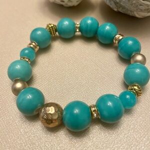 Blue Stretch Quartz Bracelet 14mm and 8mm quartz beads, gold details, turquoise